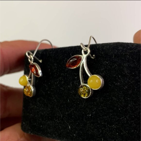 Sterling Silver 925 Amber Drop Dangle Earrings With Leaf & Round Design - Picture 11 of 14